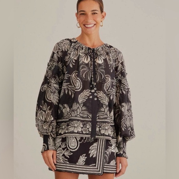 FARM RIO x ANTHROPOLOGIE Long Sleeve V Neck Black White Blouse Size Large L - Picture 1 of 14